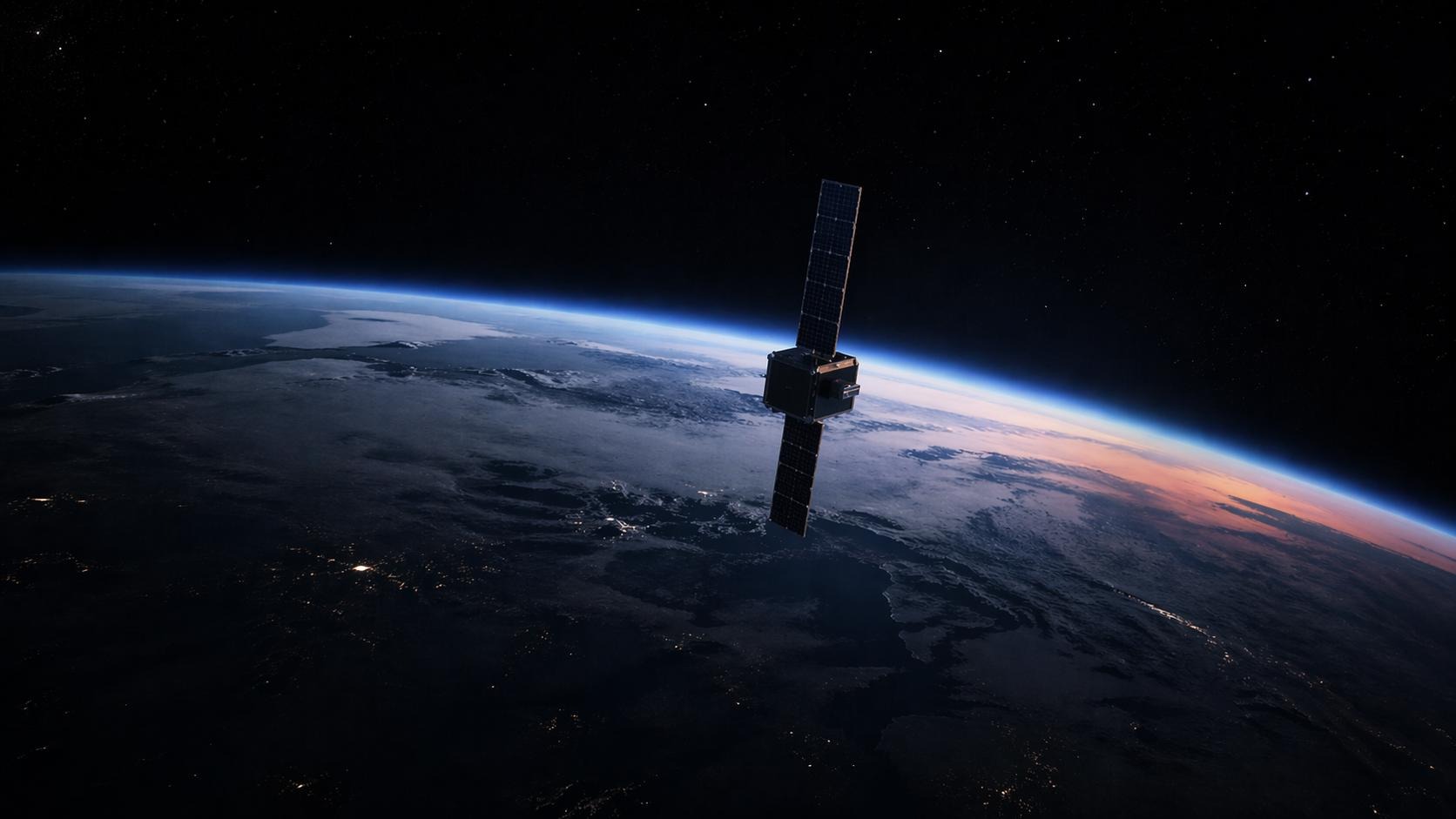 A single small satellite in orbit above Earth, with a sunrise arc illuminating the horizon